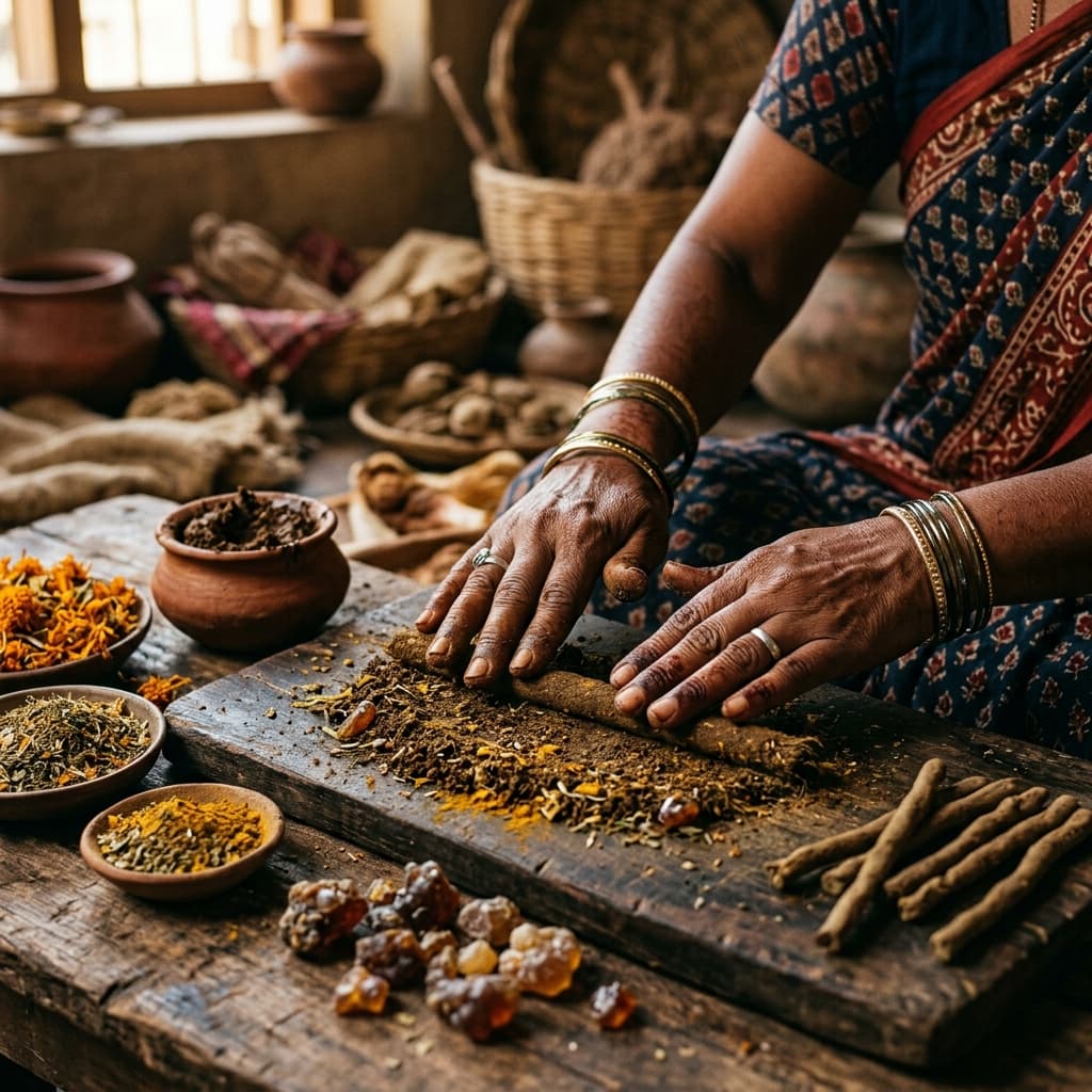 Artisan hand-rolling natural cow dung dhoop